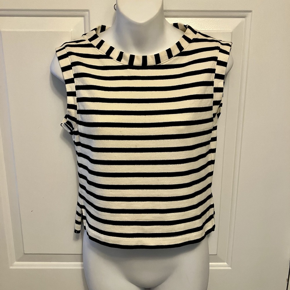MAEVE BY ANTHROPOLOGIE XS Cropped Shirt Women's Striped Cut Out Back Ivory Black